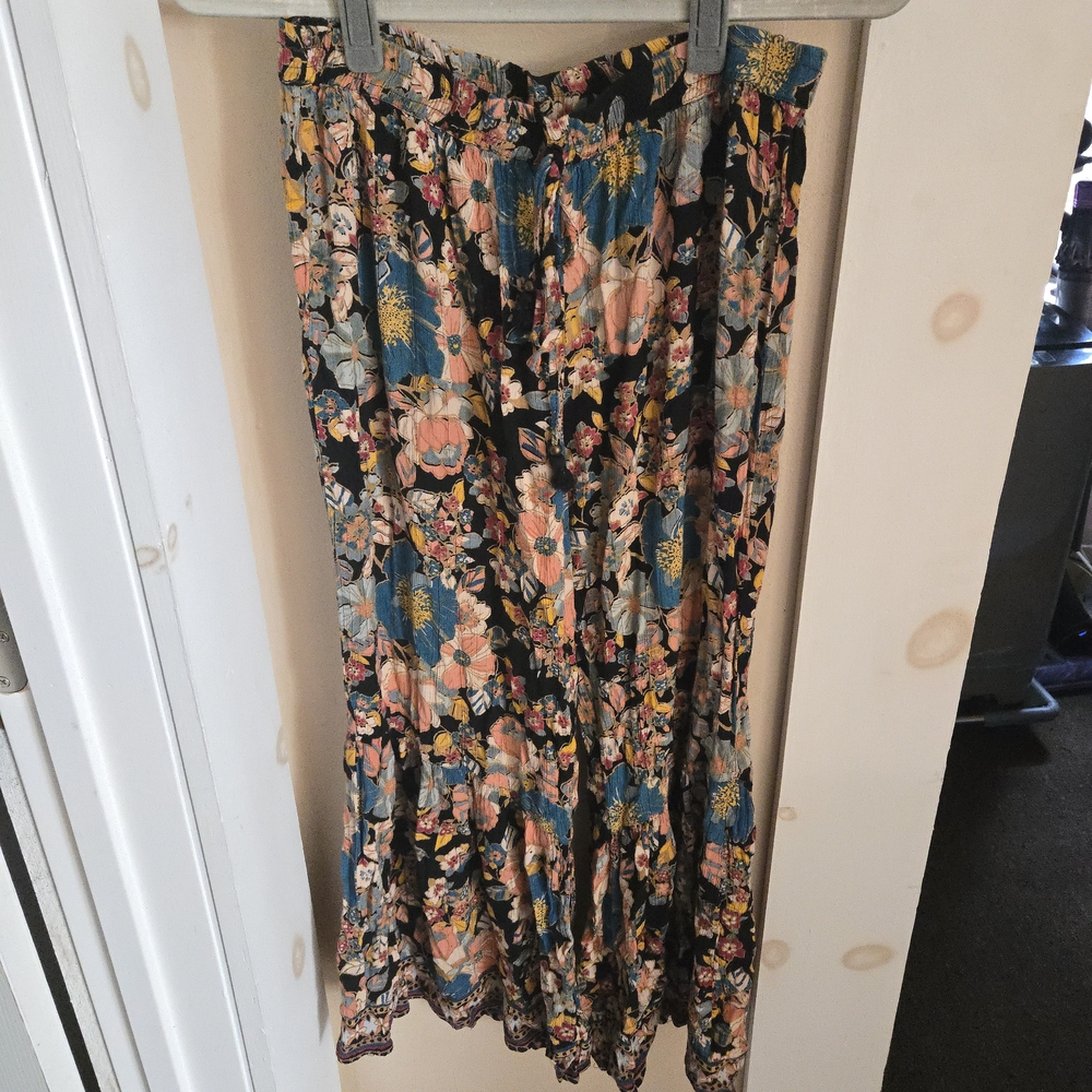 Angie Floral Wide-Leg Beach Flowy Pants Size Large Black Floral Peach Blue Multi - Picture 12 of 16